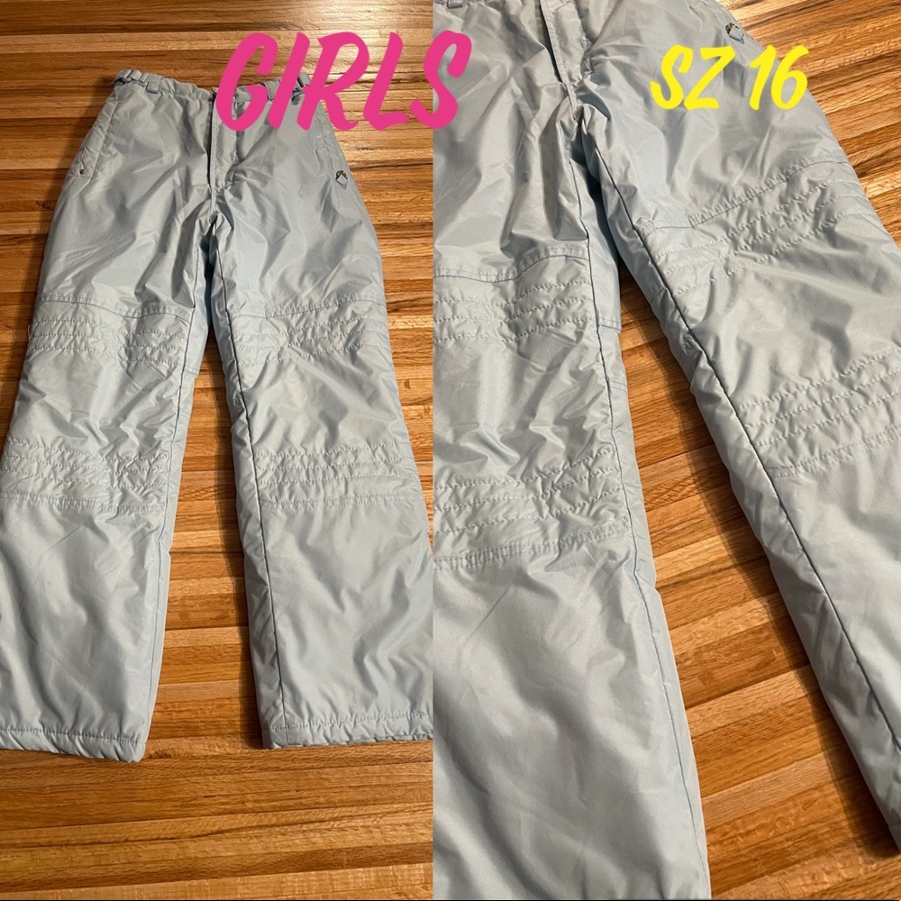Girls light blue Ski pants, adjustable waist, velcro pocket & sealed bottoms